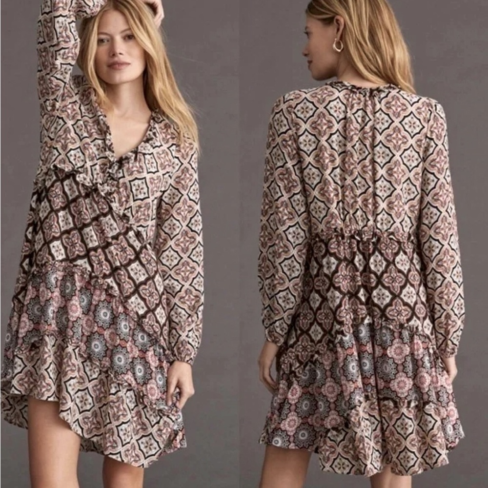 New! Anthropologie Tiered Patchwork Boho Tiered Long Sleeve Dress Size Small